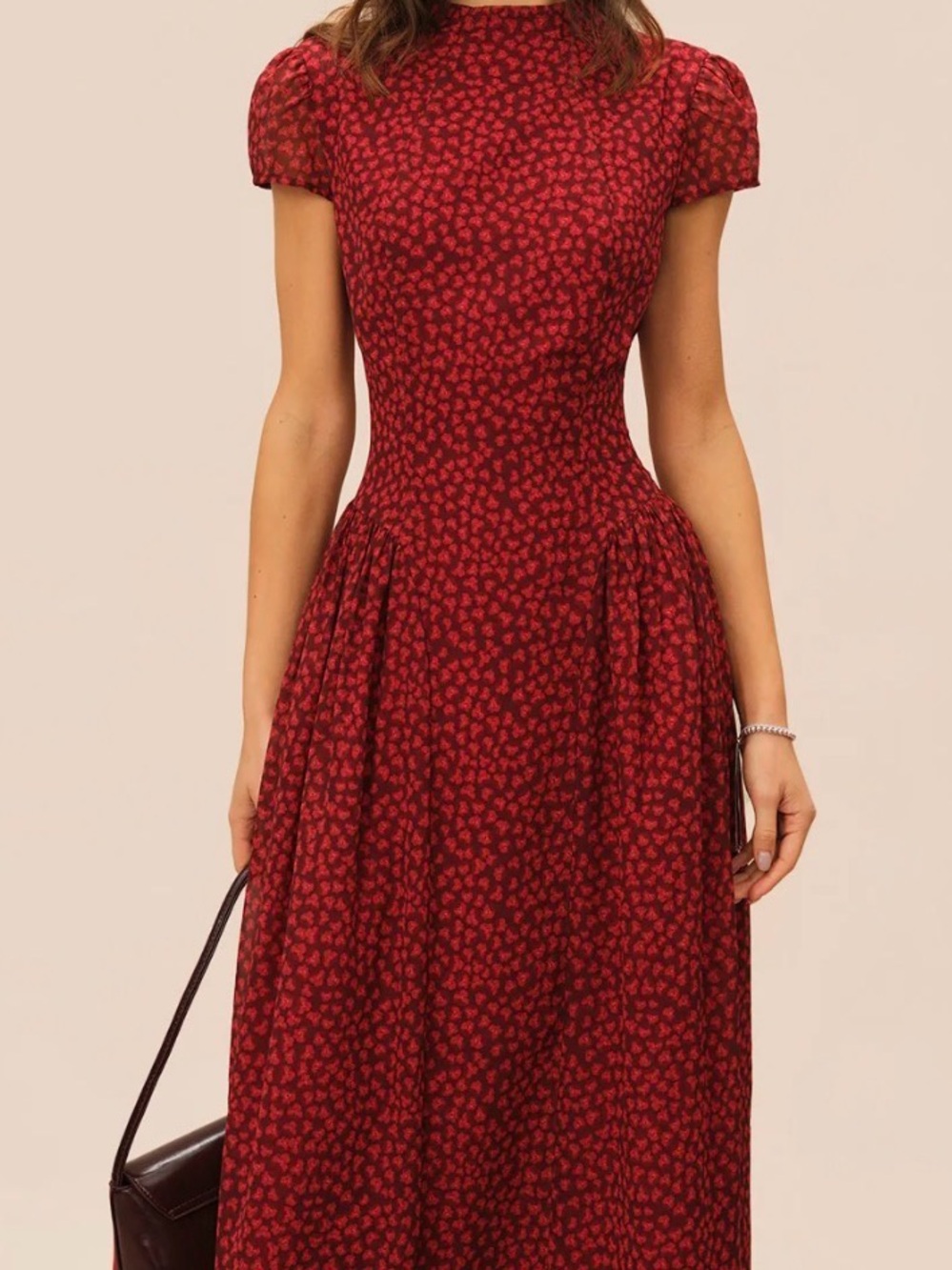 RIHOAS Burgundy Red Printed Midi Dress with Cap Sleeves - Picture 3 of 5